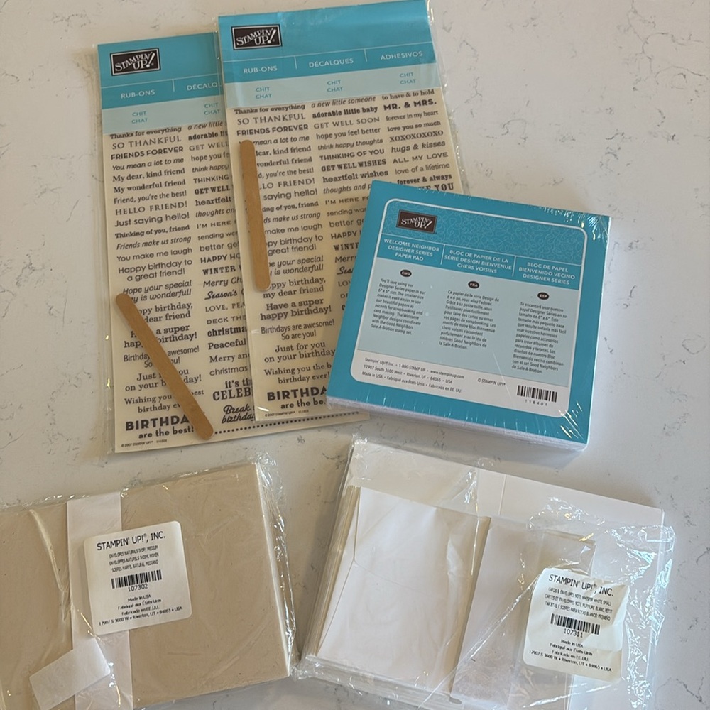 Stampin’ Up Rub Ons, 6x6 Paper Pad, Cards & Envelops.  5 Item Lot!
